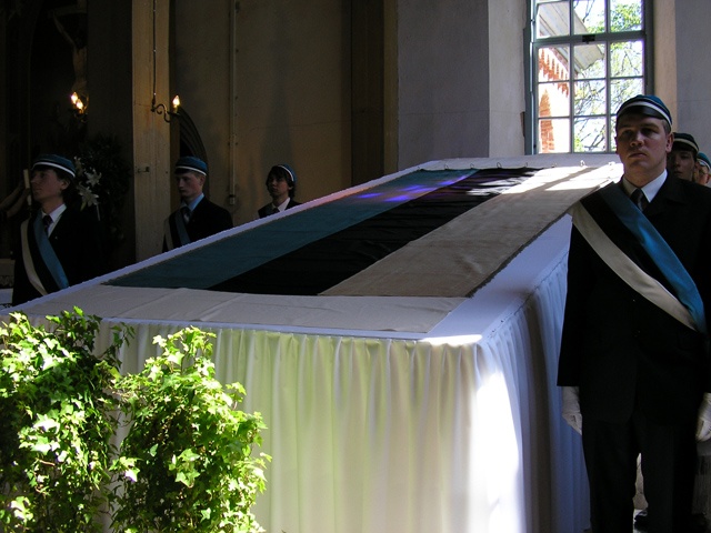 Estonian flag 120. Historical blue-black-white displayed in Otepää church