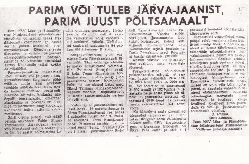 Fotokoopia artiklist "Parim või tuleb Järva-Jaanist, parim juust Põltsamaalt."