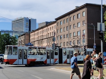 Viru hotel in Tallinn, view along Gonsiori tn-t, in front of the tram. Architects Henno Sepmann, Mart Port rephoto