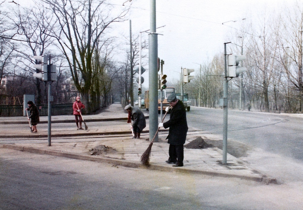 Cleaning the street, Tallinn, Estonia, Soviet Union, early 1980s