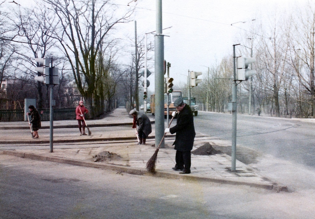 Cleaning the street, Tallinn, Estonia, Soviet Union, early 1980s