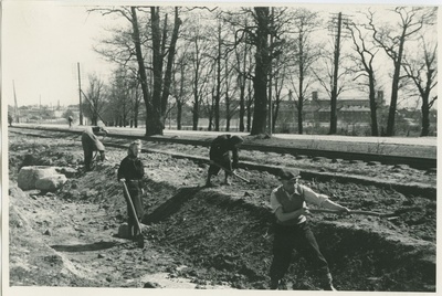 Kopli trammitee kaherealiseks ehitamine, paremalt esimene prof. A. Humal, 1950.a.  similar photo