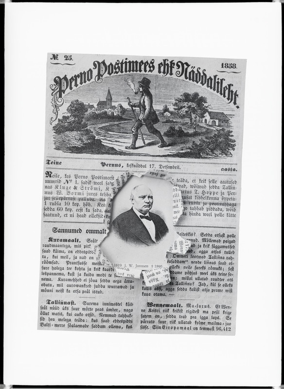 Kollaaž. Ajalehe "Perno Postimees ehk Näddalileht"  nr. 25 (17.12.1858) esikaas, millesse on rebitud auk, millest paistab  Johann Voldemar Jannseni portree.