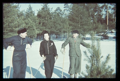 Grupipilt suusatajatega Mustamäel: 3 suusakeppidega inimest, taustal lumi, männimets  similar photo