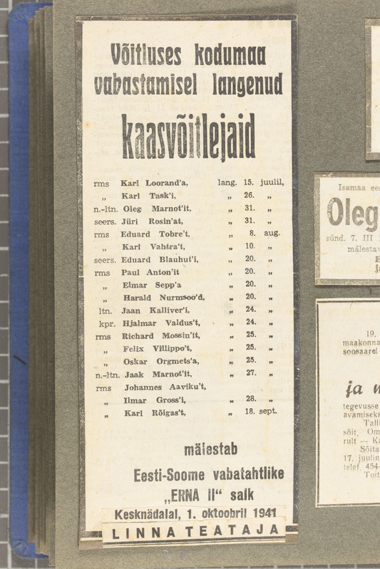 Ajalehe väljalõige ERNA I ja II langenute nimedega.