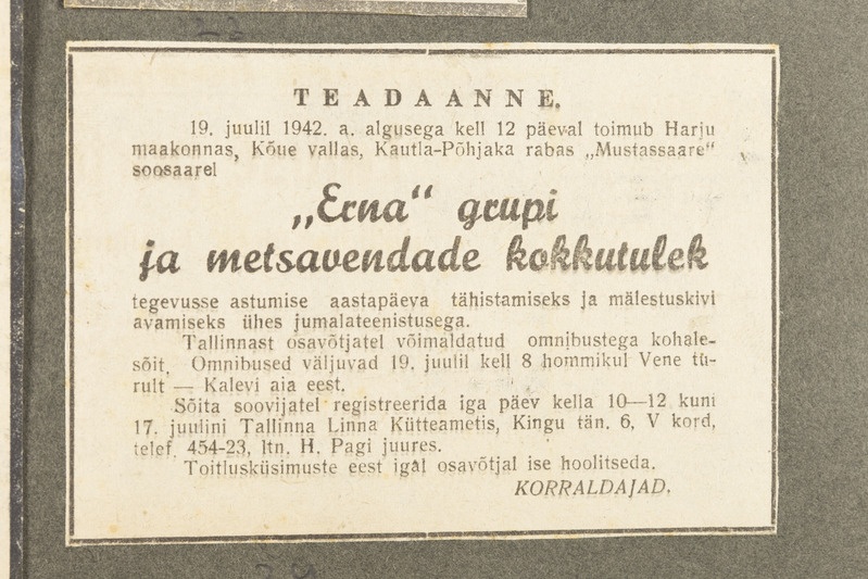 Ajalehekuulutuse väljalõige ERNA grupi ja metsavendade kokkutuleku teadaandest