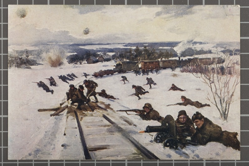 Postkaart Eesti soomusrongide edasitungist Petserimaal
