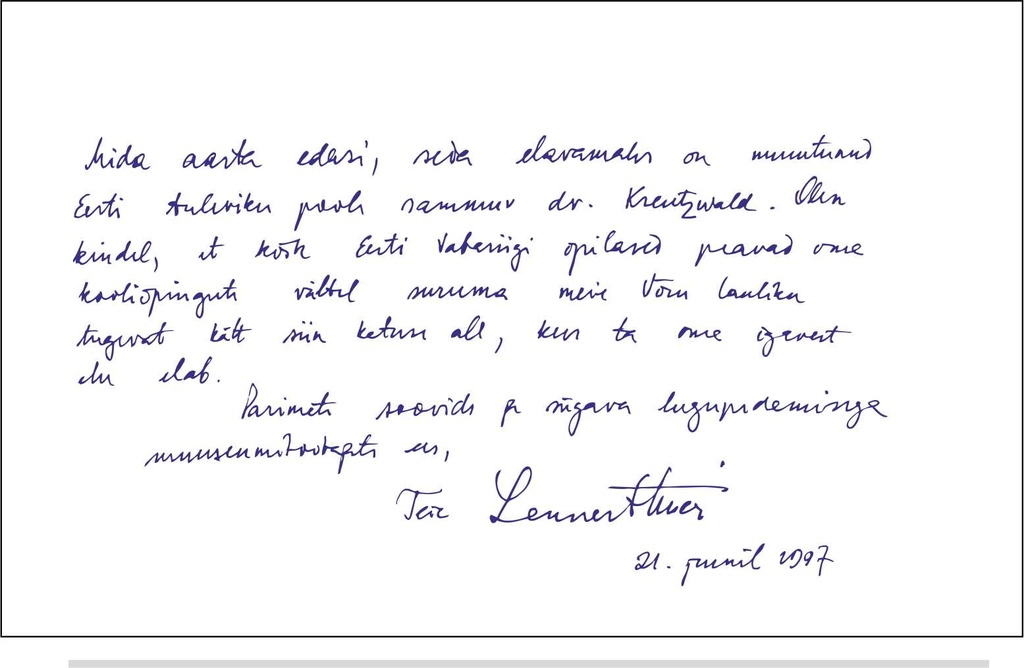 Foto. Lennart Meri sissekanne muuseumi külalisteraamatus. Võru, 21.06.1997.