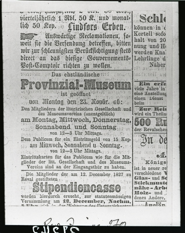 "Revalische Zeitung" No 270 - 20.XI 1864 - Provintsiaalmuuseumi reklaamkuulutus