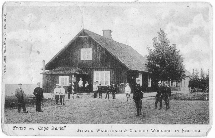 Photo postcard. Coastguard cordon and the residential house of officers on the beach of Kärdla