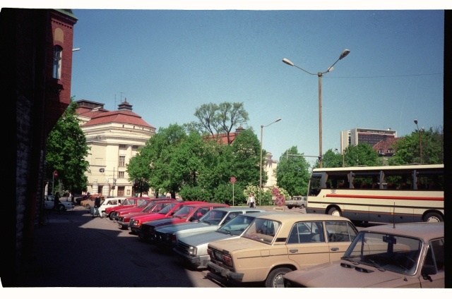Parking in Sakala Street in Tallinn, view of Estonia Theatre and Viru Hotel