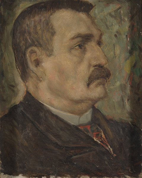 a) Jaan Linnamäe portree; b) Rahvahulk kahe puu all (visand)