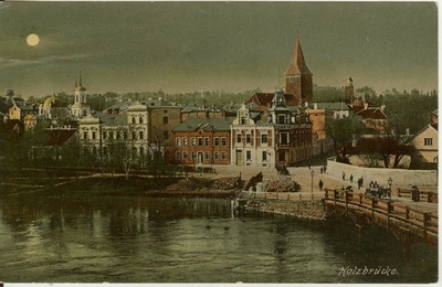 Colored postcard with Tartu view 20th century. In the first half  similar photo