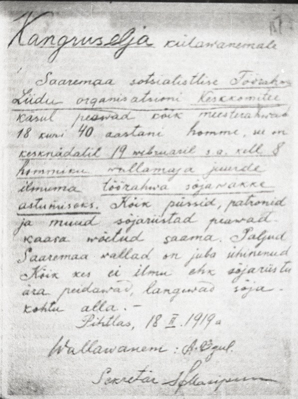 Pihtla vallavanema käsk Kangruselja külavanemale mobilisatsiooni läbiviimiseks ülestõusnute väkke 1919.a.