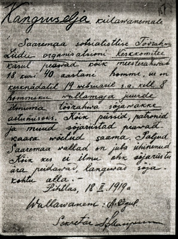 Pihtla vallavanema käsk Kangruselja külavanemale mobilisatsiooni läbiviimiseks ülestõusnute väkke 1919.a.