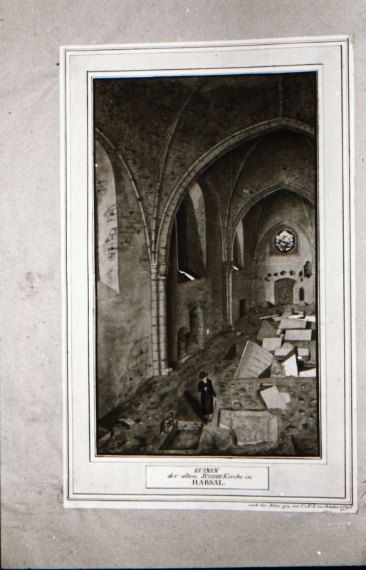 Negatiiv. Ümberpildistus joonistusest. Haapsalu piiskopilinnuse varemed, sisevaade.