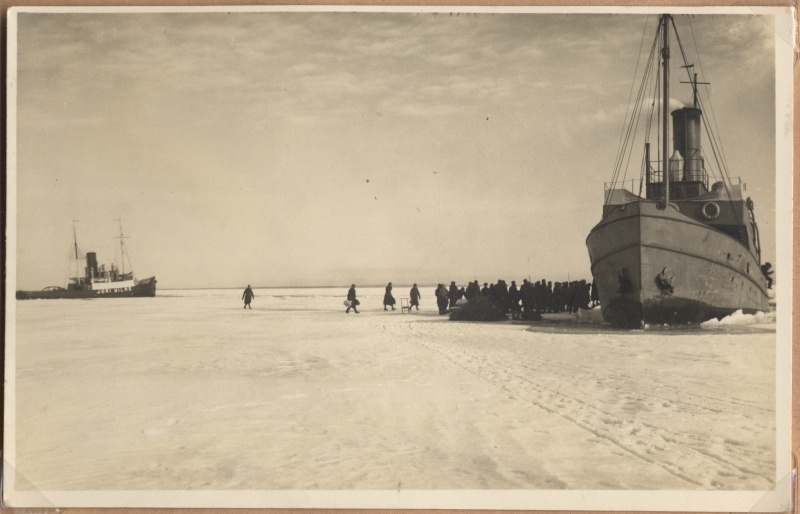 Travel and freight ship "Poika" in Naissaare port in winter, away steam ship "Jüri Vilms"