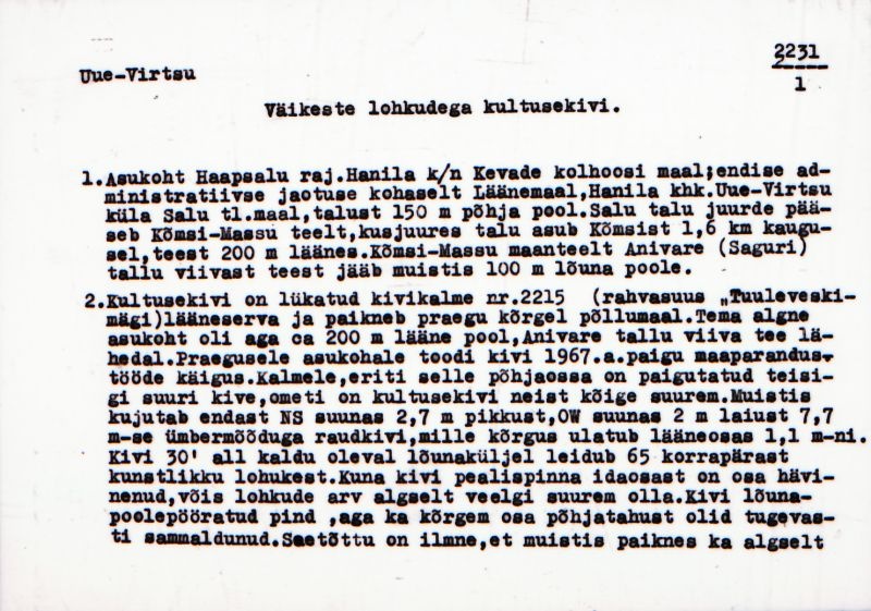 Negatiiv. Uue-Virtsu väikeste lohkudega kultusekivi.
Ü.p. 1976.
