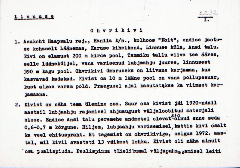 Negatiiv. Linnuse. Ohvrikivi.
Ü.p. 1976.