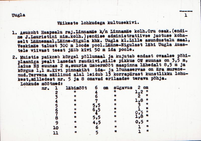 Negatiiv. Uugla väikeste lohkudega kultusekivi.
Ü.p. 1976.