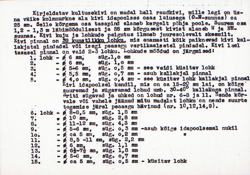 Negatiiv. Kaseküla väikeste lohkudega kultusekivi.
Ü.p. 1976.