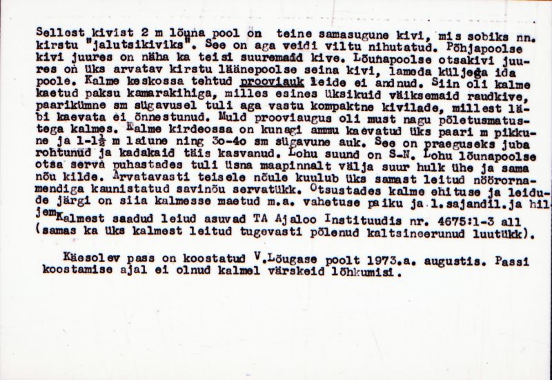 Negatiiv. Kaseküla kivikalme XV.
Ü.p. 1976.