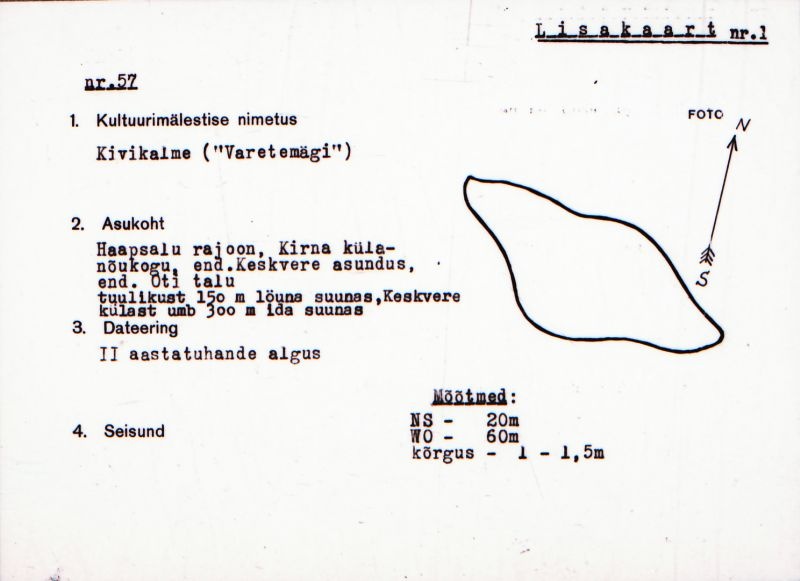 Negatiiv.  Kirna külanõukogu. Kivikalme. "Varetemägi"
Ü.p. 1976.