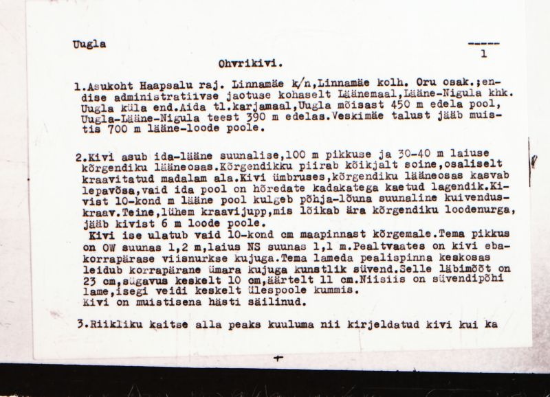Negatiiv. Uugla. Ohvrikivi.
Ü.p. 1976.
