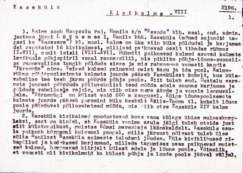 Negatiiv. Kaseküla. Kivikalme VIII.
Ü.p. 1976.