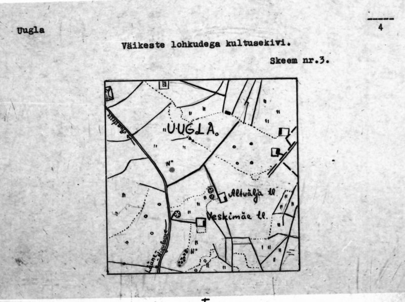 Negatiiv. Uugla. Väikeste lohkudega kultusekivi.
Ü.p. 1976.