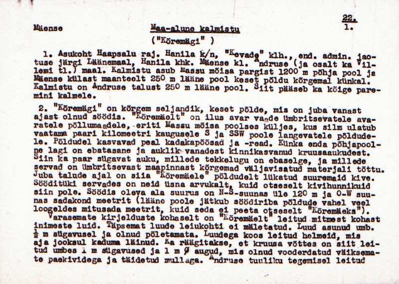 Negatiiv.  Mäense. Maa-alune kalmistu "Kõremägi".
Ü.p. 1976.
