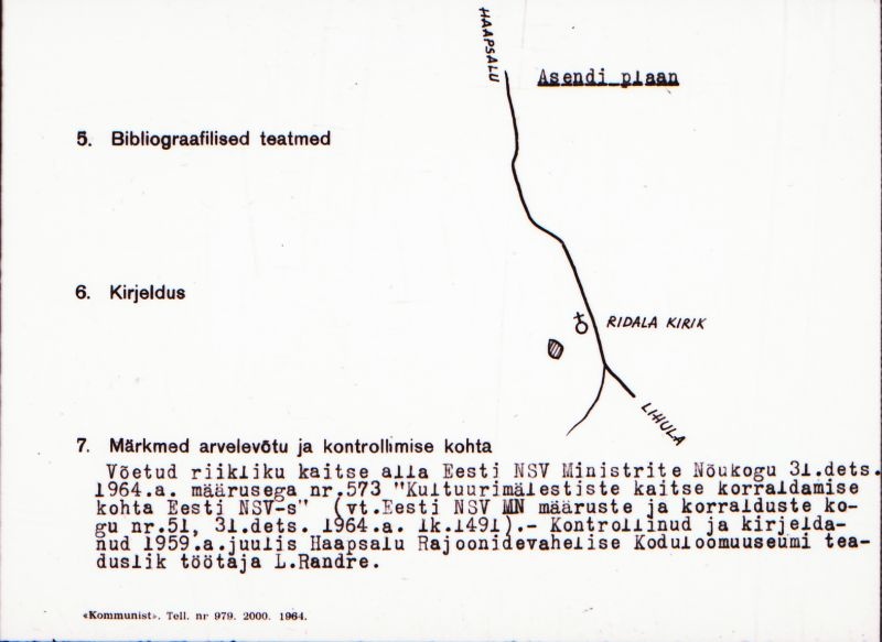Negatiiv.  Kohila. Ohvrikivi.
Ü.p. 1976.
