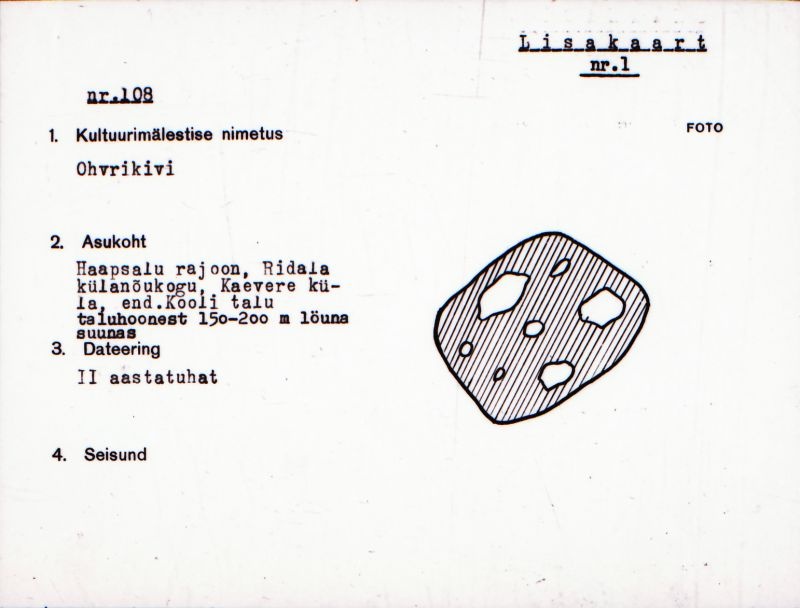 Negatiiv.  Kaevere. Ohvrikivi.
Ü.p. 1976.
