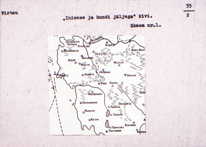 Negatiiv.  Virtsu. "Inimese ja hundi jäljega kivi".
Ü.p. 1976.