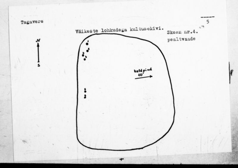 Negatiiv. Tagavere. Väikeste lohkudega kultusekivi.
Ü.p. 1976.