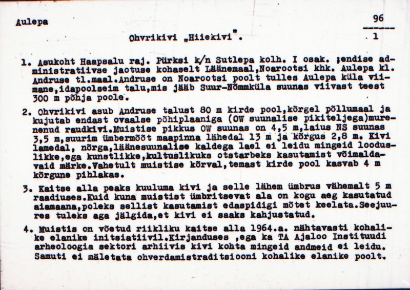 Negatiiv.  Aulepa.  Ohvrikivi "Hiiekivi".
Ü.p. 1976.