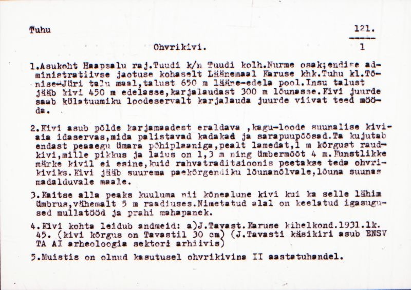Negatiiv.  Tuhu. Ohvrikivi. 
Ü.p. 1976.