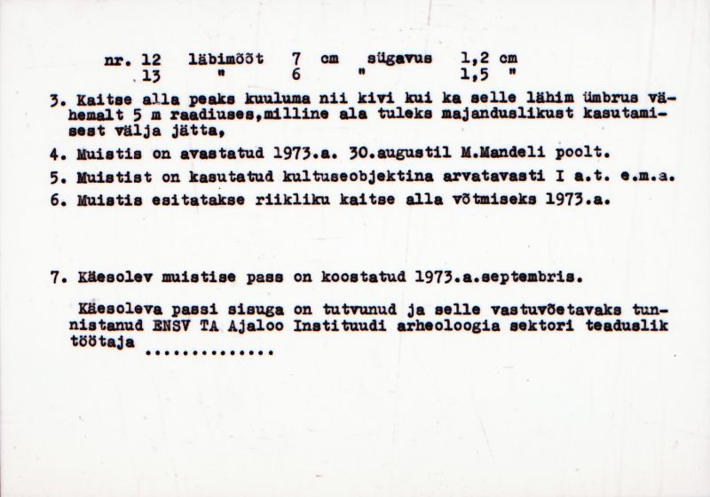 Negatiiv. Uugla väikeste lohkudega kultusekivi.
Ü.p. 1976.