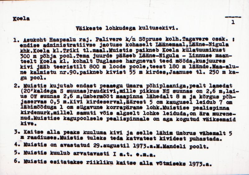 Negatiiv. Koela väikeste lohkudega kultusekivi.
Ü.p. 1976.