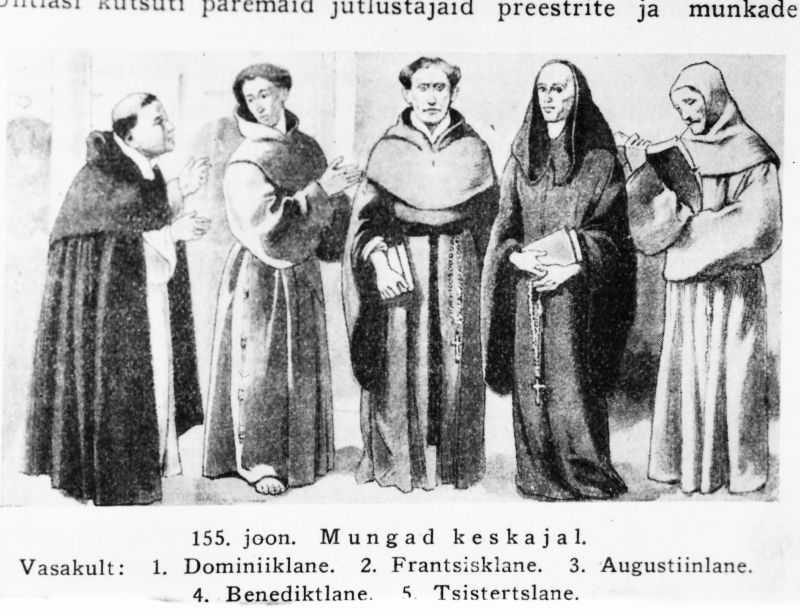 Negatiiv. Mungad keskajal: 1) dominiiklane, 2) frantsisklane, 3) augustiinlane, 4)benedektiinlane, 5) tsistertslane.
Kopeerija: M.Arro , 1964.