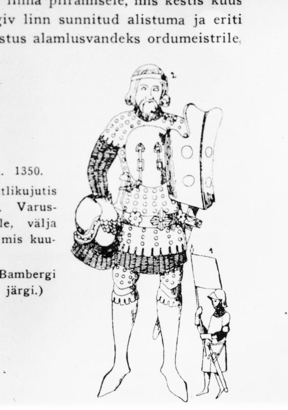 Negatiiv. Saksa rüütel aastal 1350. Joonis puuskulptuuri järgi Barabergi toomkirikus.
Kopeerija: M.Arro , 1964.
