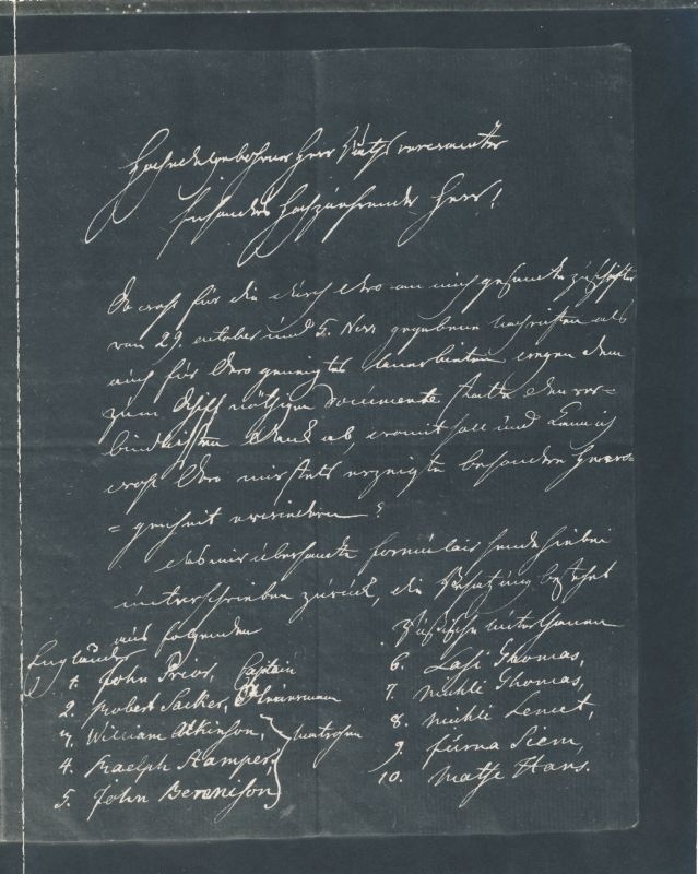 Foto. Dokument: Reigi pastori C. Forsman´i poolt välja antud tõend laeva meeskonna kohta. 21. nov. 1785.