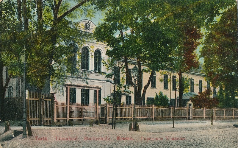 Värviline postkaart. Tartu linnakool (Riia tänaval).  Tartu, 1910.