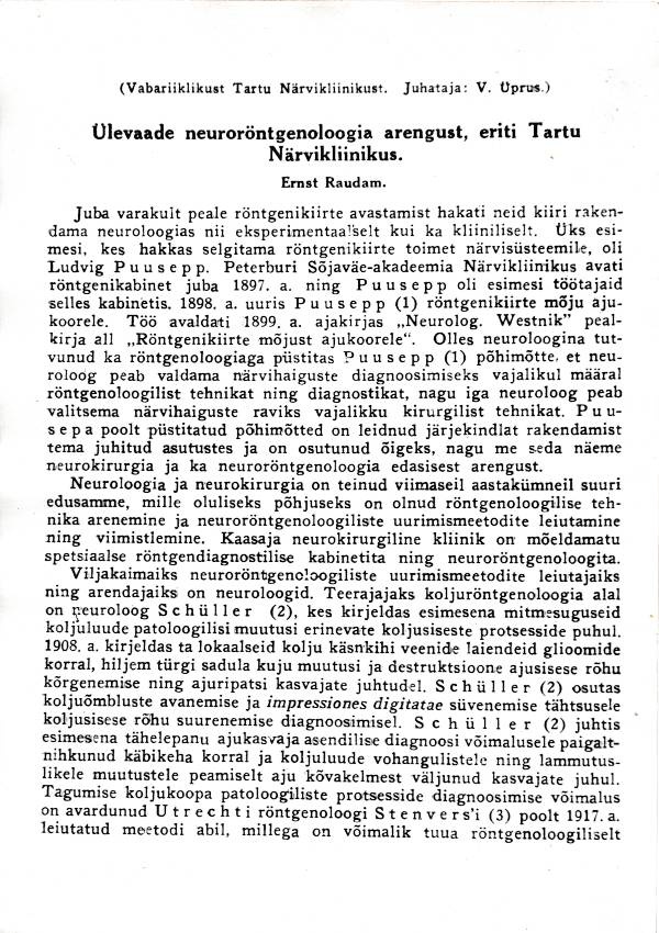 Fotokoopia.  Ernst Raudam "Ülevaade neuroröntgenoloogia arengust, eriti Tartu Närvikliinikust". 1960-1970