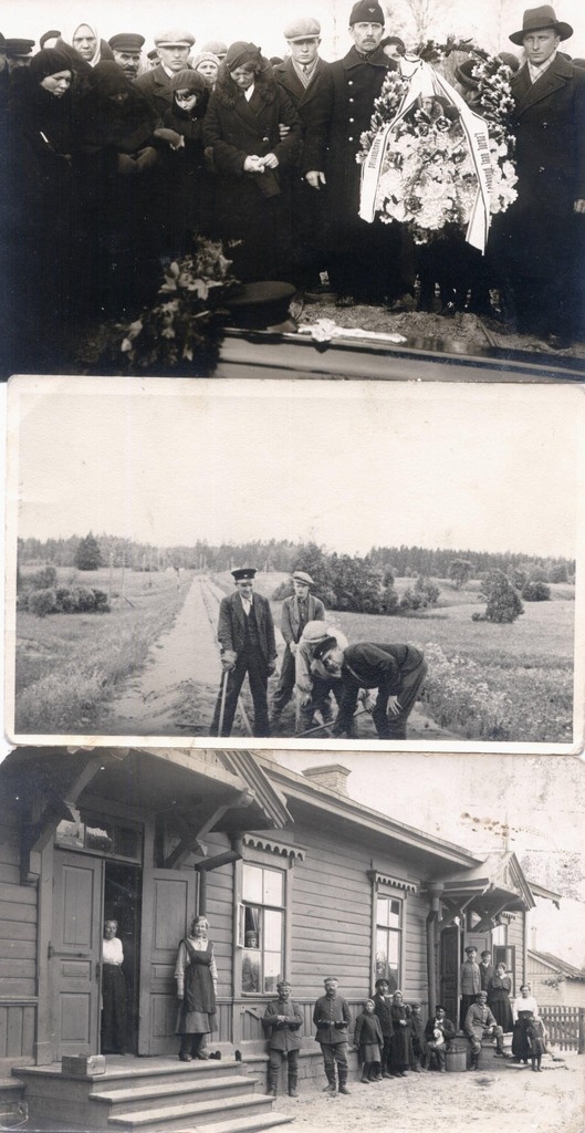 1) Rongiseadja Jaan Jurna matus 27.02.1934;  2) 
kitsarööpmelise raudtee rihtimistööd; Märjamaa teejaoskonnas; 3) Nõo jaam, 1918.