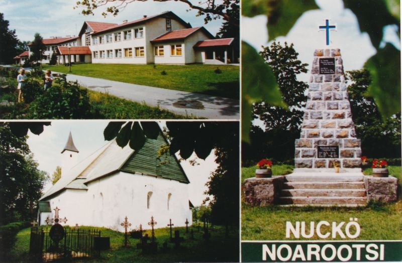 Photo postcard. Noarpps School. Noaroots church. Monument of the War of Independence. 1990s.