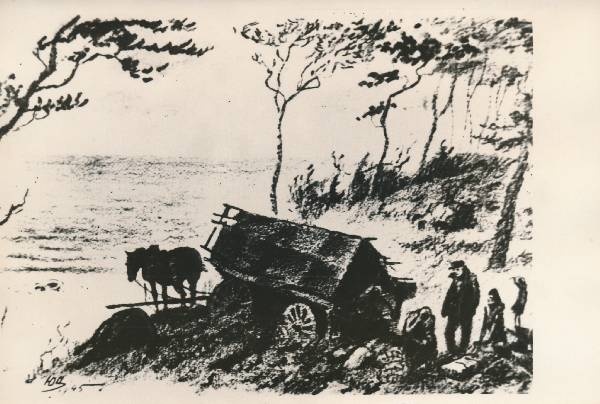 Fotokoopia joonistusest. Mere kaldal tabatud saksa põgenikud 1945a.