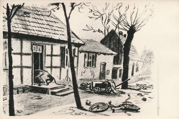 Fotokoopia joonistusest. Gros-Rišovi küla tänav pärast suur võitlust 1945a.
