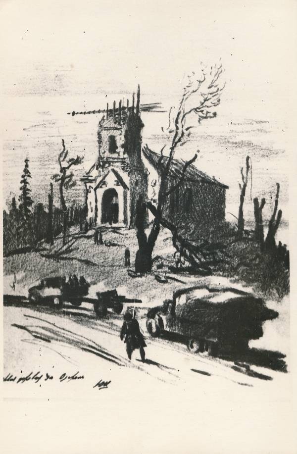 Fotokoopia joonistusest. Kiknitsi küla Oderi jõe ääres 1945a.