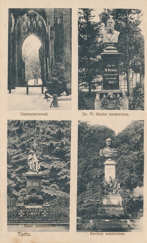 Tartu vaated: toomkiriku varemed; Baeri ausammas, dr. M. Veske hauasammas; Barclay ausammas.